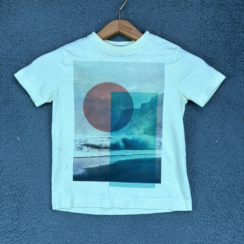 Old Navy Boys XS 5‎ Graphic T-Shirt Yellow Abstract Sun Ocean Beach Surf Tee